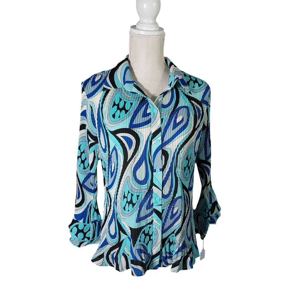 Cato Button Up Shirt Womens Large Blue Psychedelic Plisse Ruffle Bell Sleeve - Picture 1 of 7